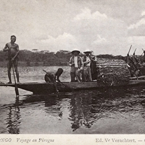 Travelling in a pirogue, Belgian Congo, Central Africa