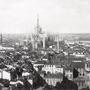 Vintage late 19th century photograph - rooftop view of Milan showing the cathedral, Duomo