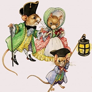 Well-dressed Victorian mice taking a stroll