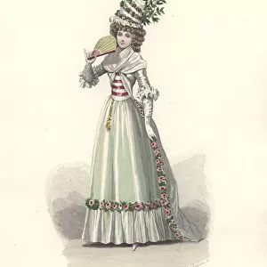 Woman in flower-trimmed outfit, era of Marie Antoinette