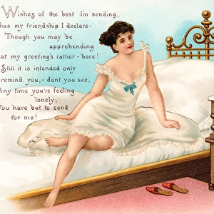 Woman sitting on a bed on a greetings card