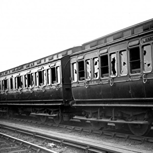 Wrecked train, Llanelli railway strike riots, Wales