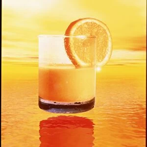 Computer art of glass of orange juice & orange sea