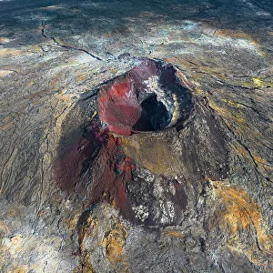 Aerial view of volcanic cone in the eruption area near to Reykjavik, Icelandic southern coast, Iceland, Polar Regions