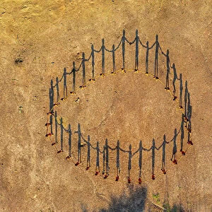 Aerial view of Yanomami tribe, in a circle, and shadows, southern Venezuela, South America
