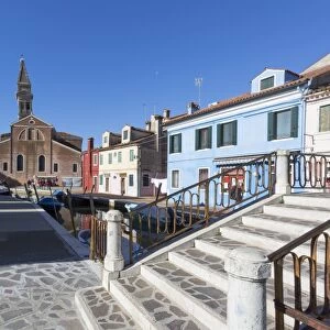 Canal and leaning tower, Burano, Veneto, Italy, Europe