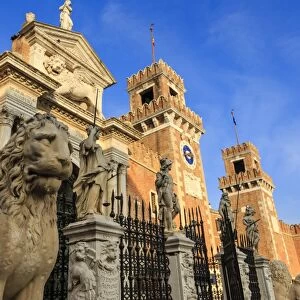 Carved lions and statues, Porta Magna, Arsenale, in winter afternoon sun, Castello