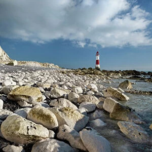 Chalk Boulders below Beachy Head & Beachy Head Lighthouse, near Eastbourne, South Downs National Park, East Sussex, England, United Kingdom, Europe