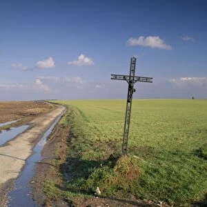 Christian calvary beside muddy track and fields in landscape near Agincourt