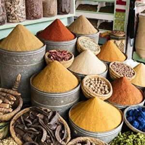 Display of spices and pot pourri in spice market (Rahba Kedima Square) in the souks of Marrakech