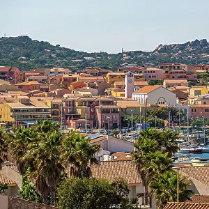 Elevated view of Church of Our Lady of Grace and Palau town, Palau, Sardinia, Italy, Mediterranean, Europe