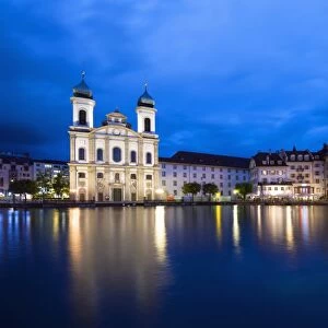 Jesuit church on the waterfront of old town on the Reuss River, Lucerne, Switzerland, Europe