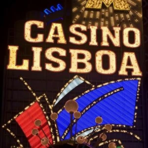 Lisboa Casino neon illuminated at night, Macau, China, Asia