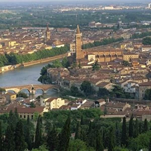 Low aerial view over the town of Verona and the River Adige