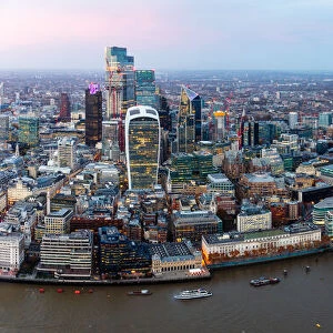 Panorama of City of London skyline and River Thames from above, including Tower Bridge