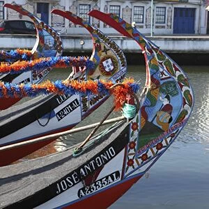 The prows of gondola-like Moliceiros, boats used to give tourists rides along the canals of Aveiro