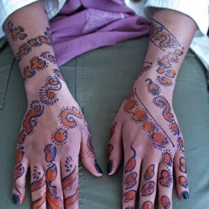 Somali womans hands covered in henna tattoos, Addis Ababa, Ethiopia, Africa