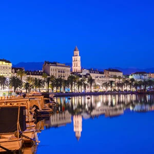 Split Harbour with Cathedral of Saint Domnius at dusk, Split, Dalmatian Coast, Croatia