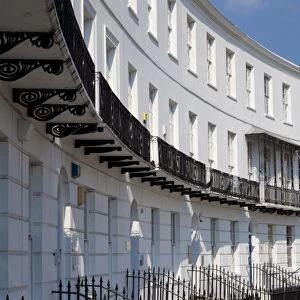 Terrace of Regency style Georgian houses with wrought iron balconies on The Royal Crescent
