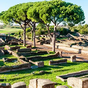 View from above of Decumanus (Main road), Ostia Antica archaeological site, Ostia, Rome province, Latium (Lazio), Italy, Europe