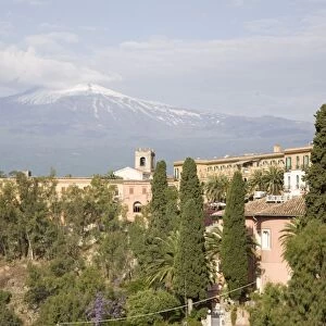 View of Mount Etna from Taormina, Sicily, Italy, Europe