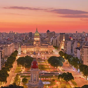 The Argentine National Congress at twilight, Balvanera, Buenos Aires, Argentina. Built in Neo-Classical style and designed by architect Vittorio Meano