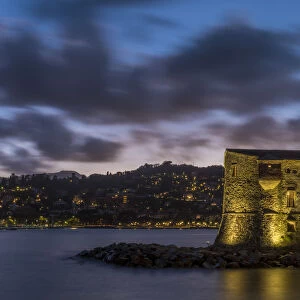Europe, Italy, Rapallo. Blue hour with castle
