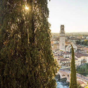 europe, Italy, Veneto. Verona, view over the town at sunset from castle san Pietro