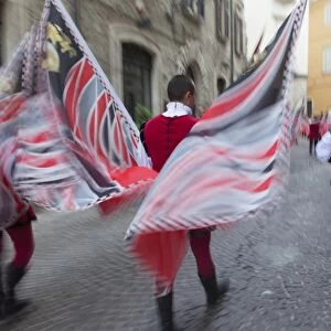 Flag bearers in medieval festival of La Quintana, Ascoli Piceno, Le Marche, Italy