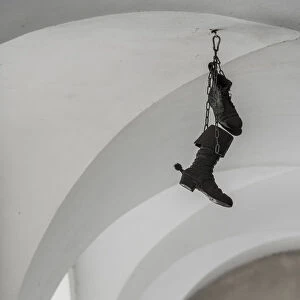 Hanging shoes decoration by Restaurace U Sevce Matouse, Prague, Bohemia, Czech Republic