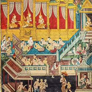 Murals depicting scenes from life of Buddha, Temple of the Reclining Buddha, Wat Pho, Phra Nakhon District, Bangkok, Thailand