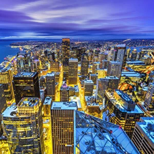 Night aerial view of downtowns skyline, Seattle, Washington, USA