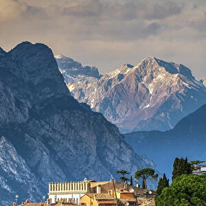 Scenic view of Malcesine with the Alps in the background, Lake Garda, Veneto, Italy