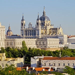 Spain, Madrid, View of the Cathedral of Saint Mary the Royal of La Almudena and the