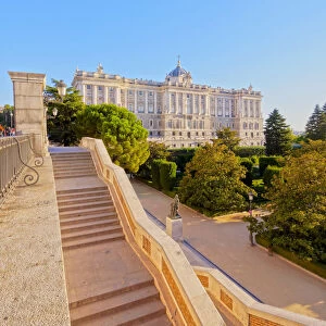 Spain, Madrid, View of Jardines de Sabatini and the Royal Palace of Madrid
