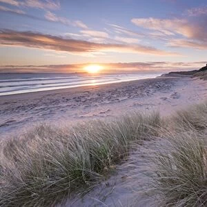 Sunrise over Bamburgh Beach and Castle from the sand dunes, Northumberland, England