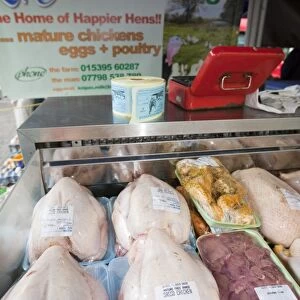 Locally reared free range chickens on a farmers market in Kendal, Cumbria UK. Farmers markets are a great way for farmers to diversify and cut down hugely on food