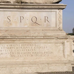 Italy, Lazio, Rome, Capitoline Hill, Piazza del Campidoglio, SPQR inscription (Rome motto)