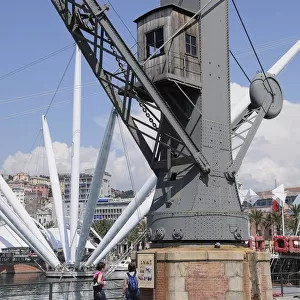 Italy, Liguria, Genoa, old port crane with Bigo lift behind, Porto Antico