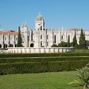 View of gardens outside late-Gothic Monastery, Hieronymites Monastery (Mosteiro dos Jeronimos), Belem, Lisbon