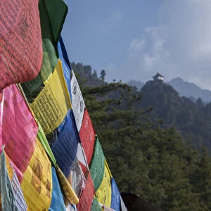 Bhutan, Paro. Colorful prayer flages in front of small outbuilding of the Tigers Nest