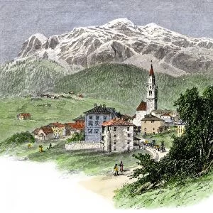 Italian village in the Dolomites, 1800s