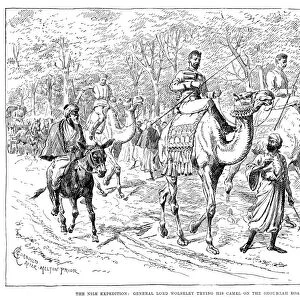 (1833-1913). First Viscount Wolseley. British army officer. Wolseley riding a camel on the Shoubra Road in Cairo during the Nile Expedition to relieve Major-General Charles George Gordon at Khartoum, Sudan. Engraving, English, 1884