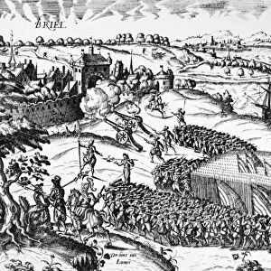 80 YEARS WAR, 1572. Spanish troops, led by the Duke of Alba, attacking the Dutch town of Brielle, which had been captured by Protestant rebels, the Sea Beggars, on 1 April 1572. Line engrraving by Franz Hogenburg, 1590