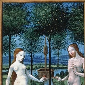 ADAM AND EVE (The Fall of Man): ms. miniature from French Book of Hours, c. 1480