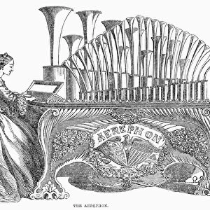 AEROPHONE, 1860. An aerophone, or steam organ. Wood engraving, English, 1860