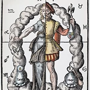 An alchemical representation of the four humors in relation to the four elements and their zodiacal signs. Woodcut from Leonhard Thurneyssers Quinta Essentia, Leipzig, 1574