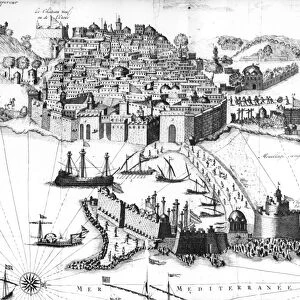 ALGIERS, 18th CENTURY. View of Algiers and its harbor: detail of a copper engraving, French, 18th century