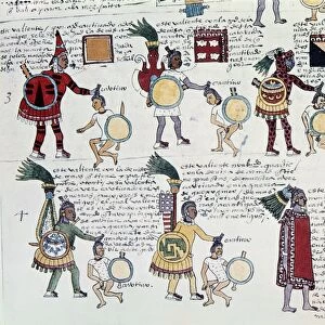 AZTEC CODEX MENDOZA, 1540. Aztec warriors receiving trophies for captured prisoners