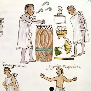 AZTECS: RECREATION, c1540. An entertainer sings and beats a drum with a head of ocelot skin (top)